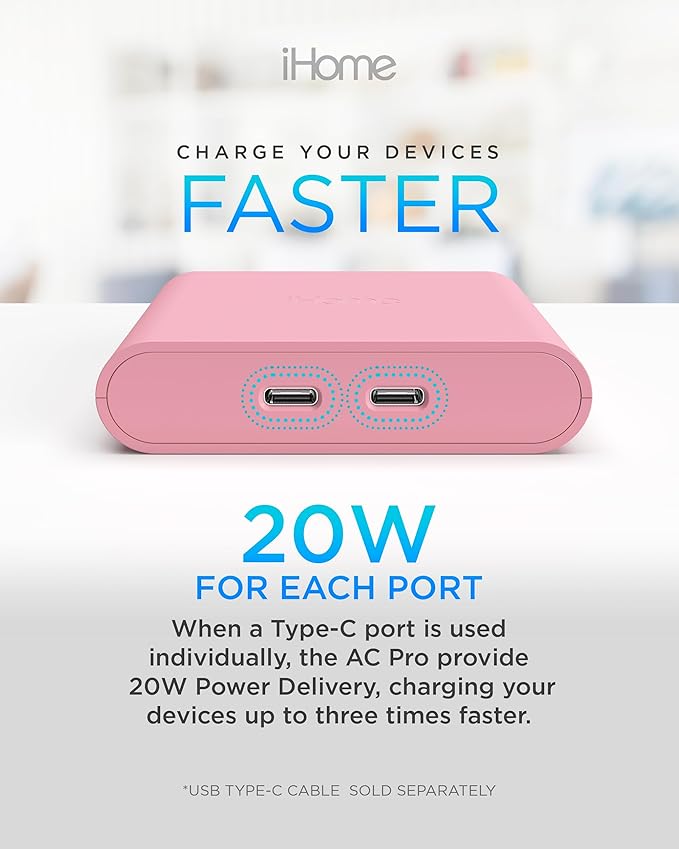 iHome Multiport 40W USB-C Charger, AC Pro 2-Port Flat Block, Dual Fast Charging Wall Adapter | Foldable Prongs, Fast Charging, 2.5x Faster, Charges iPhone, Android, iPad, AirPods, 2 USB-C Ports, Multiport Plug for Home