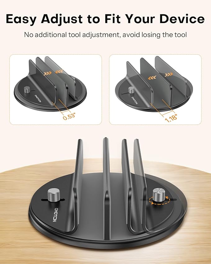 OMOTON 360° Vertical Laptop Stand Holder, Dual-Slot Aluminum Desk Organizer | Sides Knob Adjustment (No Lost Screws), Fits MacBook, iPad, Phones, and Tablets, Non-slip silicone, up to 17.3"