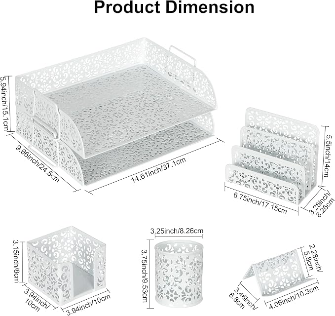 EasyPAG Desk Organizers and Accessories 5 Pieces Office Supplies Set - 2 Tier Paper Tray, Pencil Organizer for Desk, Mail Sorter Countertop, Business Card Holder and Sticky Note Holder, White