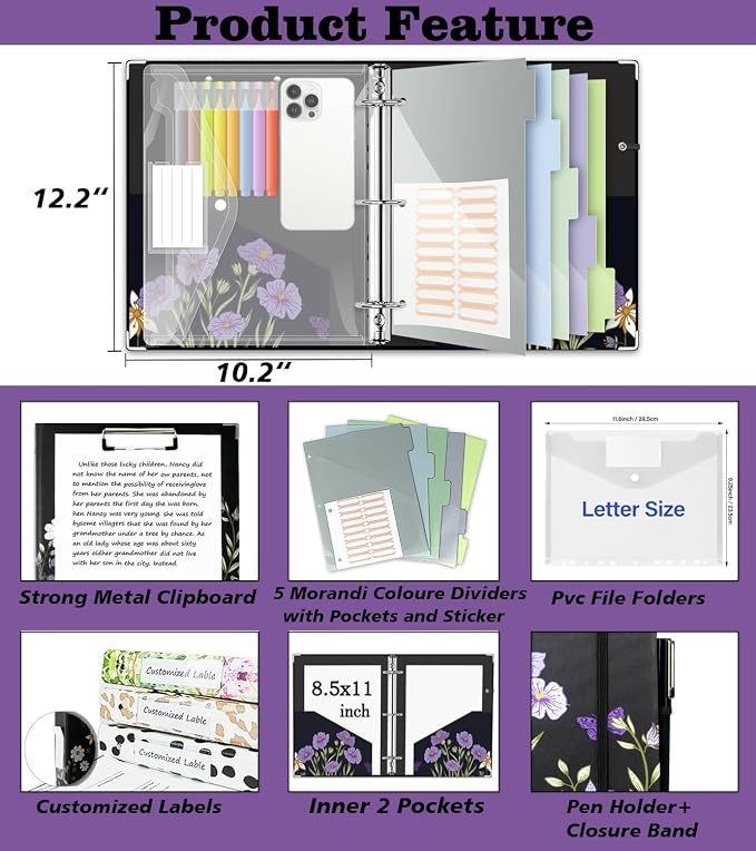 3 Ring Binder 1 Inch, Three Ring Binders Organizer with Clipboard, 5-Tabs Pockets Dividers, Plastic Folder, 18 Divider Stikers, BVSSX Pretty Binder with Pen Loop (Black Weeds, Letter Size)
