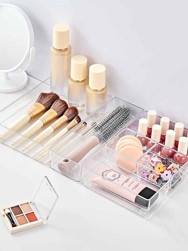 SMARTAKE 37 PCS Drawer Organizer 4 Size Desk Makeup Drawer Organizer Clear | Storage Trays with Non Slip Silicone Pads for Makeup , Jewelries, Utensils in Bedroom Dresser, Office, Kitchen and Bathroom