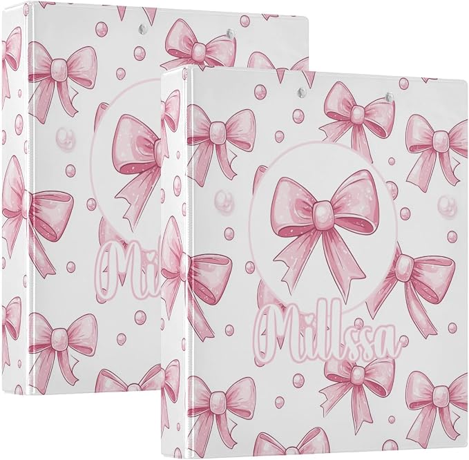 Pink Bows 4 3 Ring Binder with Clipboard Round Ring Binders Name Custom Binder 3 Interior Clear Pockets for Office Supplies 1 Pack