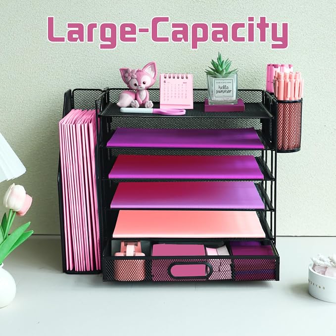 Desk Organizers and Accessories with File Holder, 6-Tier Paper Letter Tray Organiser with Drawer and 2 Pen Holder, Mesh Desktop Document Organizer for Office Supplies, Workspace - Black