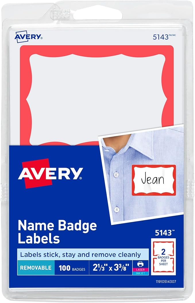Avery Name Tags, White with Red Border, Packs of 100 per Pack, 18 Packs, 1,800 Removable Name Badges Total (05143)