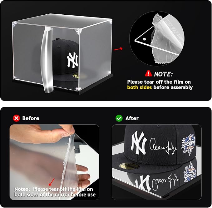 KOLIPI Hat Display Case for Baseball Caps, Acrylic Box 8.7x7.9x7.1 in | Baseball Cap Display Case for Snapback Hats Mini Helmets, Mirror Base, Dustproof, Stable and Stackable, Assembly Required