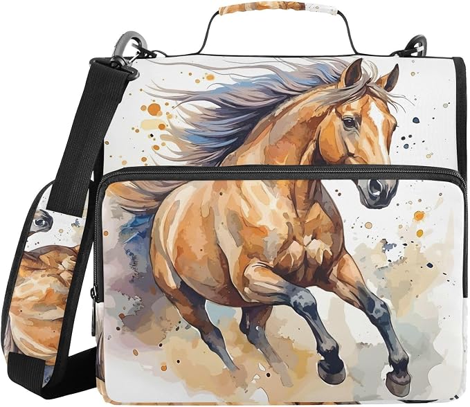 3 Ring Zipper Binder with Shoulder Strap Horse Watercolor 2 Inch Zippered Binder Bag 500 Sheet Capacity Multi Pockets for School Supplies