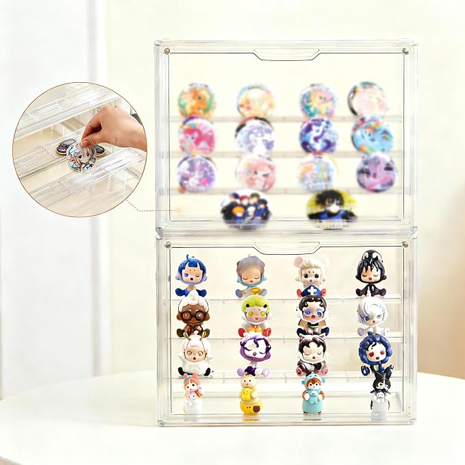 Clear Acrylic Display Case for Figures 4 Layer Figure Display Shelf with 3 Movable Plate Stackable Display Box with Magnetic Door for Collectibles 3 Pack