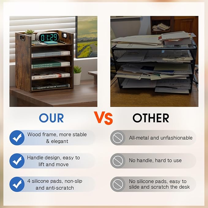 5-Tier Wood Paper Organizer, File Holder for Desk With Handle | Keep Desk Clean,Space Saving,Wooden Paper Letter Tray, Desk Organizer and Accessories, File Cabinet for Home Office, School