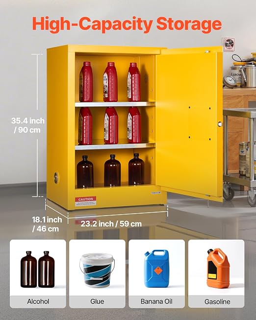 VEVOR Flammable Cabinet, 23.2 x 18.1 x 35.4 Inch, 13 Gallon Flammable Storage Cabinet with Adjustable Shelf, Cold-Rolled and Galvanized Steel Fire Cabinets, for Commercial Industrial Home Use, Yellow