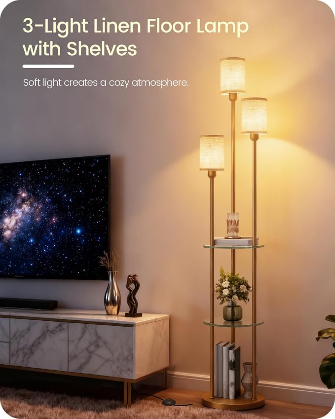 Floor Lamp with Shelves, Modern Floor Lamp with 3 Linen Shades and Foot Switch, 3-Light Standing Lamp, for Living Room, Bedroom, Study, Office, Gold and Beige ED53LD05