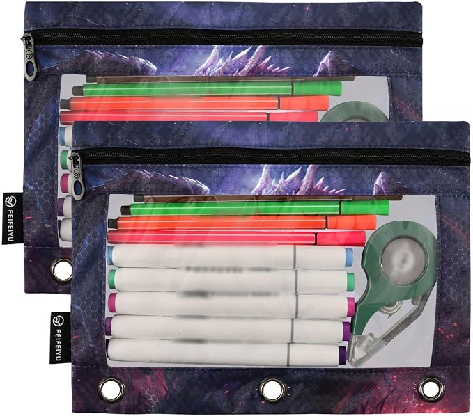 Dragon Purple Pencil Pouch for 3 Ring Binder, 2 Pack Waterproof Pencil Bags Clear Window Zipper School Office Supplies