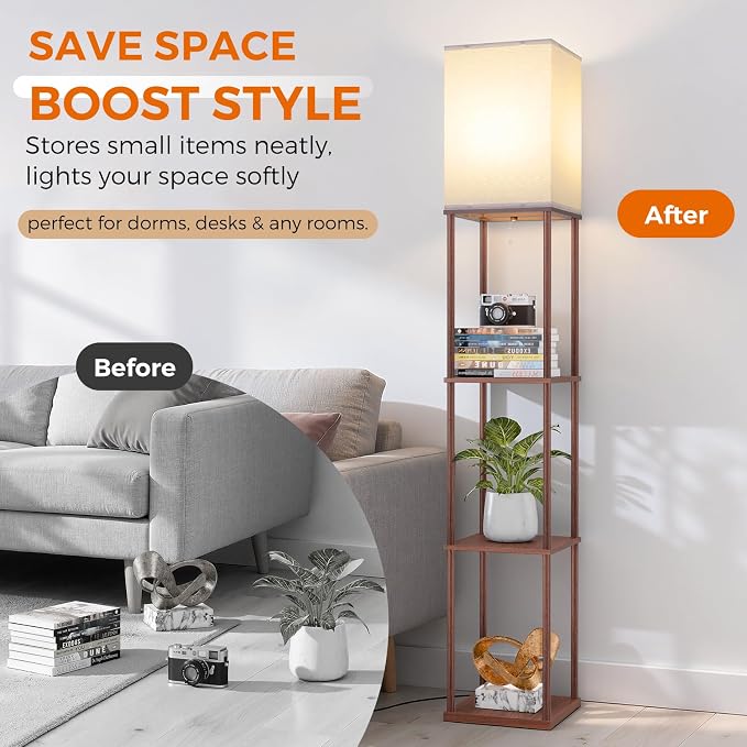 Floor Lamp with Shelves, 3-Tier Modern Square Bookshelf Standing Lamp Brown | 3 Color Temperature Bulb Included, Pull Chain Tall Lamp for Living Room Bedroom Corner Office Apartment Decor