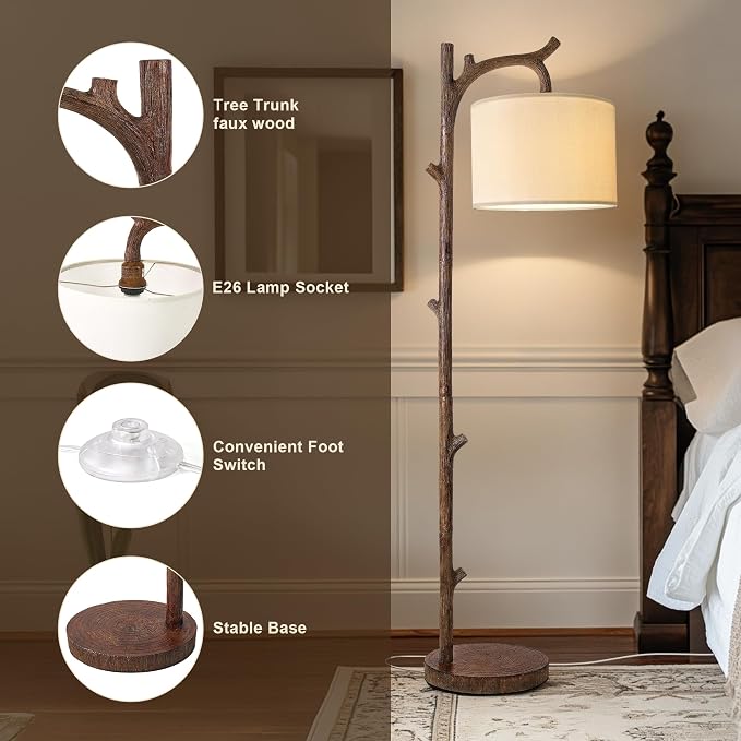 Retro Farmhouse Floor Lamp for Living Room with Remote Rustic Standing Lamps Tree Trunk Deco Modern Country Vintage Wood Floor Lamp（Brown,Bulb Included）