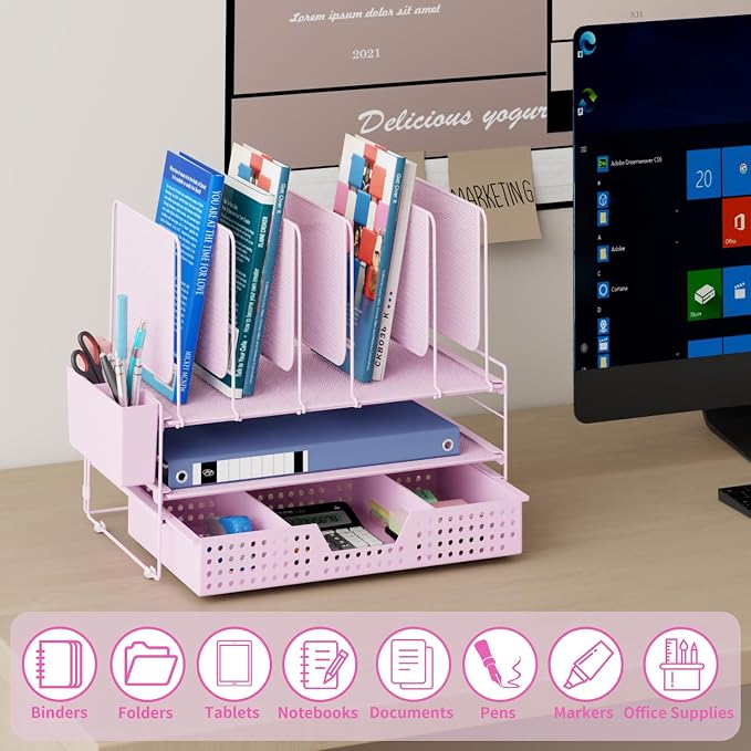 LEKETREE Pink Desk Organizer, Office Organization with Vertical File Holder, File Organizer with Drawer and Pen Holder, Desk Accessories and Workspace Organizers for Home Office (Pink)