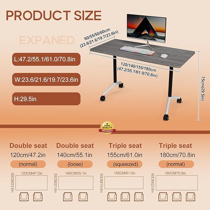 Folding Conference Table 4ft 5ft, Foldable Office Meeting Desk for 6 People, Multiple Sizes Colors Mobile Conference Room Table for Training Room School Business Furniture (4, Grey, 63in)