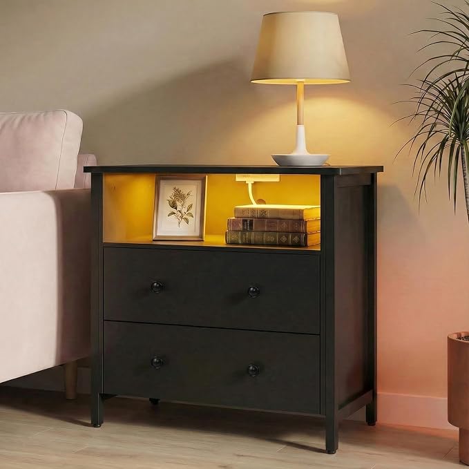 27" LED Nightstand Set 2 with Charging Station, 2 Drawers, Black | RGB App Control, 2 AC Outlets & 2 USB Ports, Open Storage, Adjustable Feet, Wood Tall Nightstand for Bedroom or Office