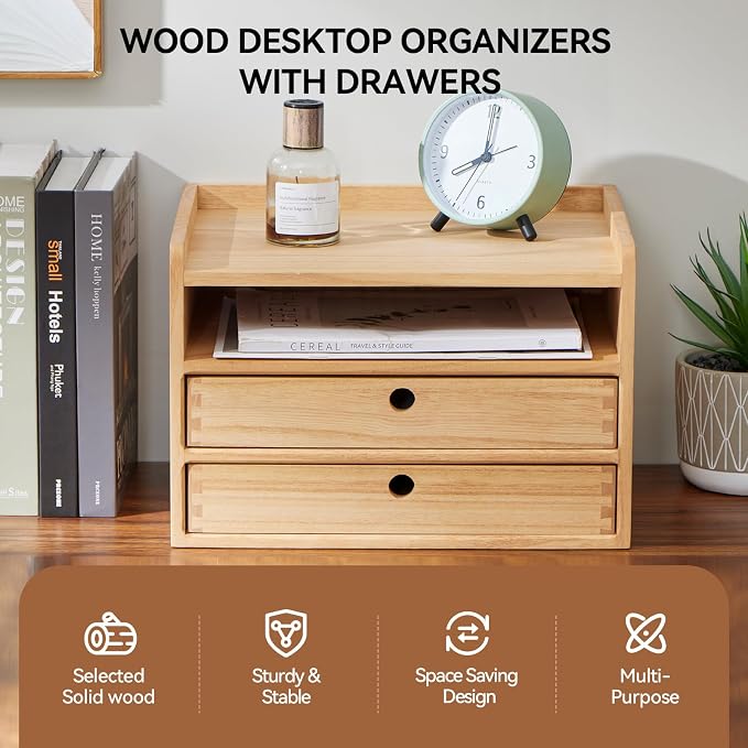 KIRIGEN Wooden Desk Organizer with 2 Drawers and Top Tray, Natural 3D2C-NA | Three-Tier Desktop Storage Cabinet Stores Papers, Office Supplies, Cosmetics, Crafts, and Small Accessories for Home Office