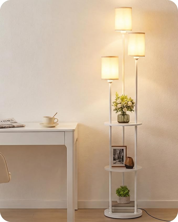 Floor Lamp with Shelves, Modern Floor Lamp with 3 Linen Shades and Foot Switch, 3-Light Standing Lamp, for Living Room, Bedroom, Study, Office, White W53LD05