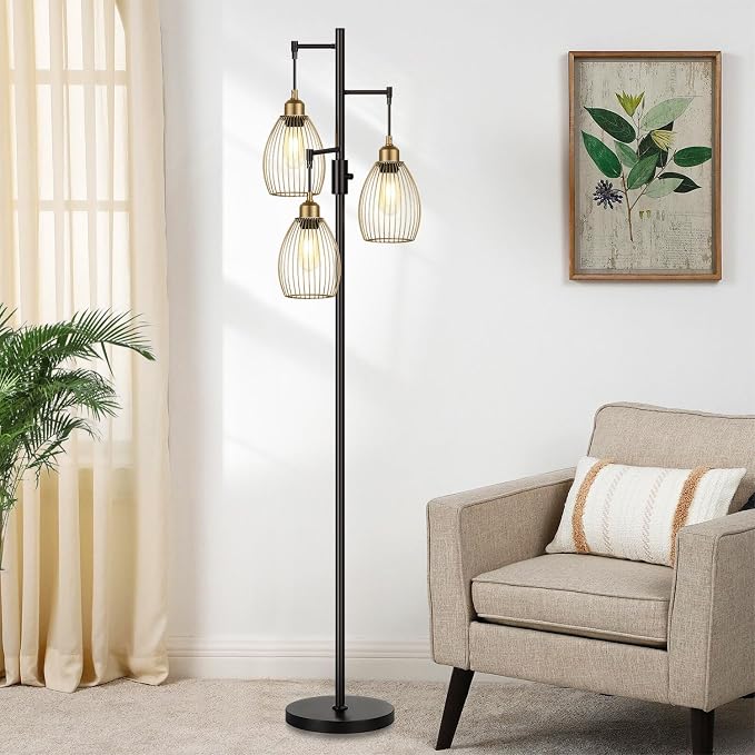 Dimmable Floor Lamp, Industrial Floor Lamps for Living Room, Gold and Black Tree Lamp Standing Lamp Tall Lamps with 3 Elegant Teardrop Cage Head & 800 Lumens LED Bulbs for Living room Bedroom Office