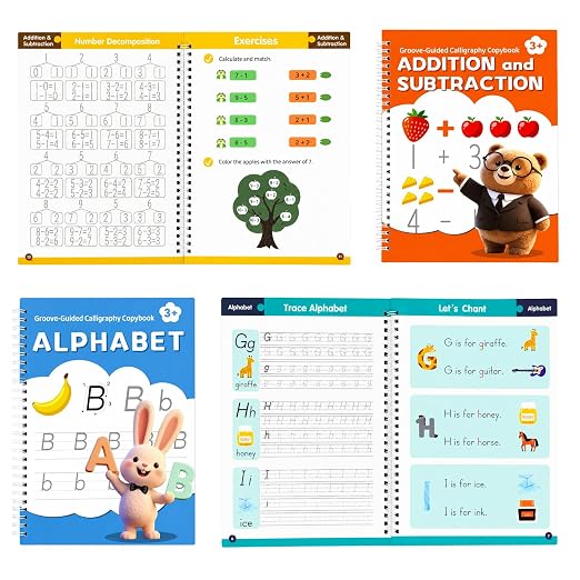 ROYFACC Grooved Writing Books Groove Handwriting Practice for Kids 3-8 Large Reusable Groove Workbooks Tracing Books Preschool Learning Letter Number Math Drawing with Disappearing Ink Pens, 6 Books