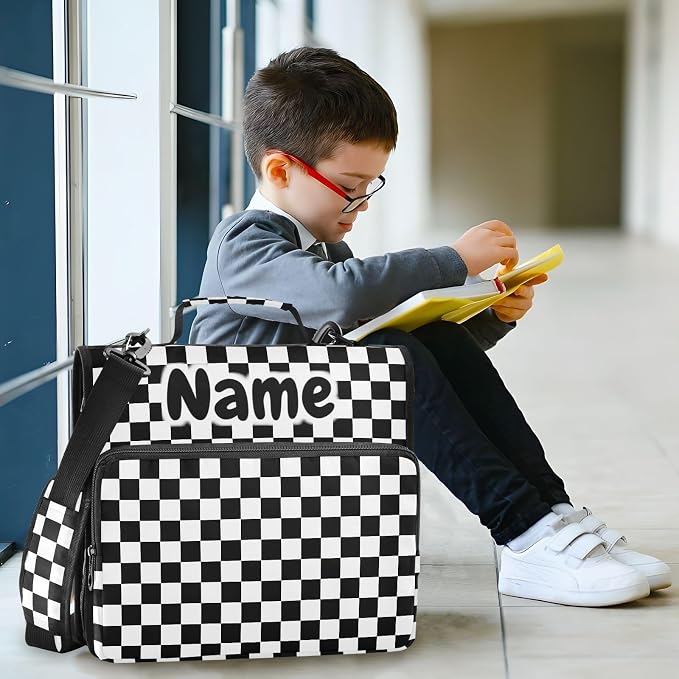 Custom Black White Checkered Pattern 3 Ring Binder Bag 1.5 inch Personalized Name Binder Organizer 500 Sheet Documents Storage for School Office