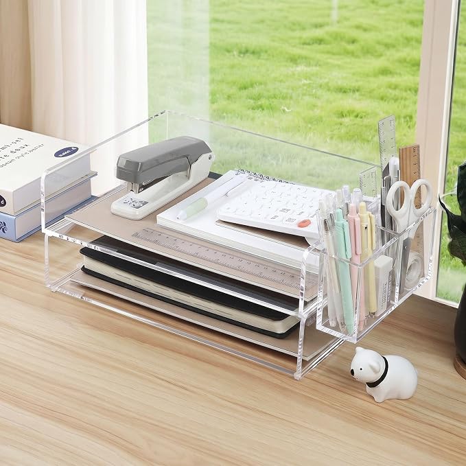 2 Pack Acrylic Paper Tray and Pen Holder Organizer for Desk Clear File Organizer,Acrylic Desk Organizers and Accessories Sorter,Perfect for File Paper, Ipad, Letter, A4 Office File, Books, Notes.