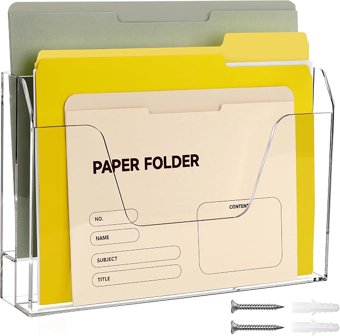 DINGHUO Wall Hanging File Organizer, Acrylic Mail Organizer wall mounted File Holder, Clear 2 Tier Folder Paper Document Magazine Rack for Desk Office School Home - 1 Pack