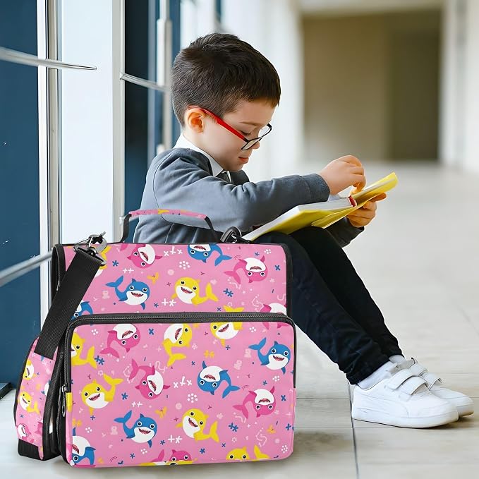 3 Ring Zipper Binder with Shoulder Strap Shark Cartoon Pink 2 Inch Zippered Binder Bag 500 Sheet Capacity Multi Pockets for School Supplies