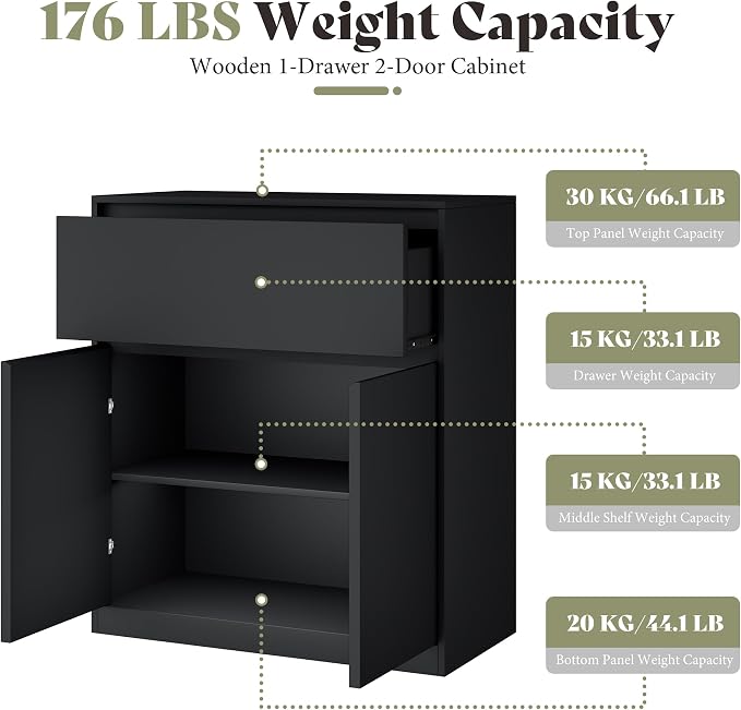 AMERLIFE Storage Cabinet with 2 Doors, 32 x 16 x 36 Inch | 1-Tier Storage Case and Modern Display Shelf for Collectibles, Black