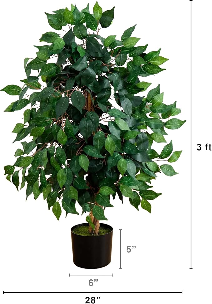 Nearly Natural 3 ft Artificial Ficus Tree with Natural Wood Trunks | Triple-Trunk Faux Ficus Tree, 378 Lifelike Leaves, Maintenance-Free, Black Nursery Pot, Indoor Home and Office Decor