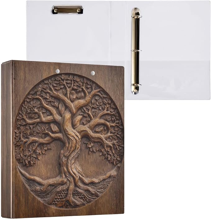 Vintage Wood Texture Tree of Life Binder 3 Ring 1.5 Inch Binder with Clipboard&Pockets, Hardcover Binders Heavy Duty Large File Folder for Office School Supplies - Holds 200 Sheets