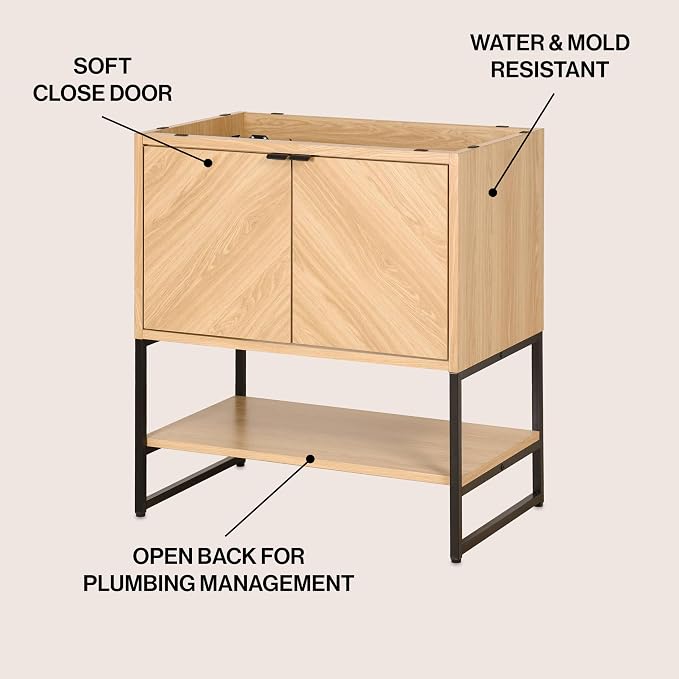 JONATHAN Y Juhl 30" Chevron Freestanding Bathroom Vanity Cabinet, Oak | Modern Minimalist Design, 18" Deep 33" Tall, 2 Soft-Close Doors, Interior And Open Shelves, Sink Not Included
