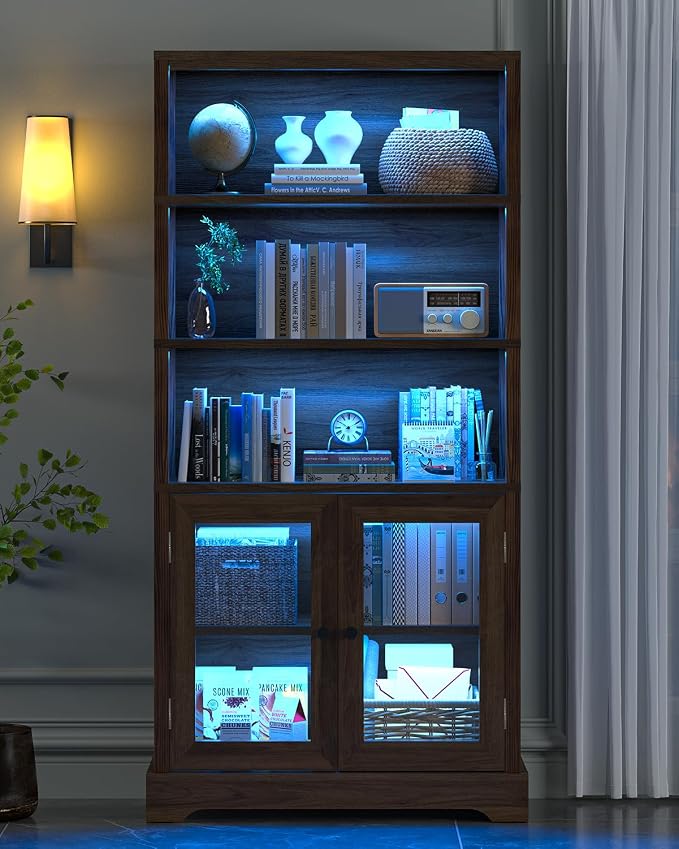 TVU 5-Tier Bookshelf, 65" Bookshelf with Multi-Color Ambient Lights (APP Remote Control), Tall Display Shelf with Cabinet Doors, Suitable for Living Room, Bedroom, Study, Office, Rustic Brown