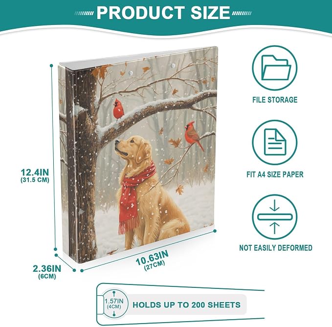Winter Golden Retriever Dog Red Bird 3 Ring Binder 1.5" Decorative D-Ring Binder with Clipboard&3 Clear Pockets, Holds 200 Sheets A4 Size Paper Waterproof Binders for School Home Office