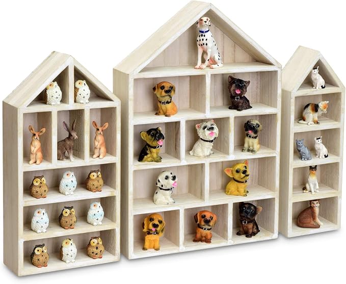Ikee Design Wooden Shadow Box Display Shelf Organizer | Wall-mountable wood display rack with 5 adjustable shelves for figurines, action figures and collectibles.