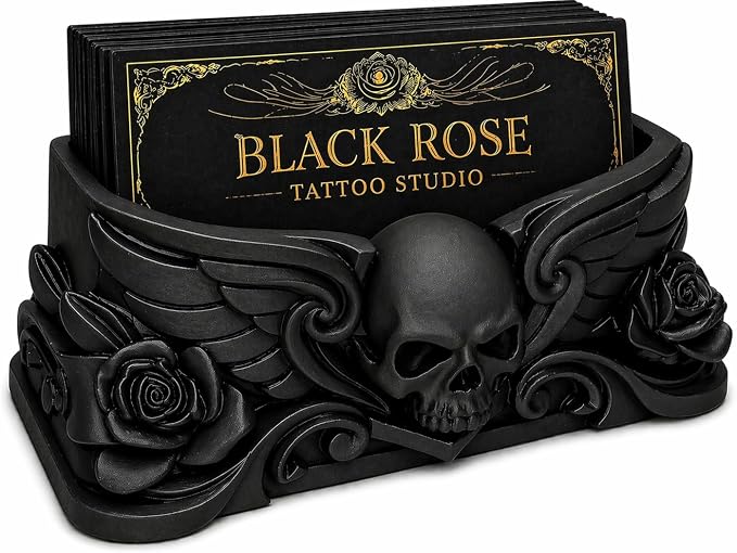 Gothic Skull Business Card Holder – Premium Desk Organizer for Tattoo Artists, Dark Decor Card Stand, Office Desk Display, Unique Gift for Tattoo Artist, Studio Reception Decor