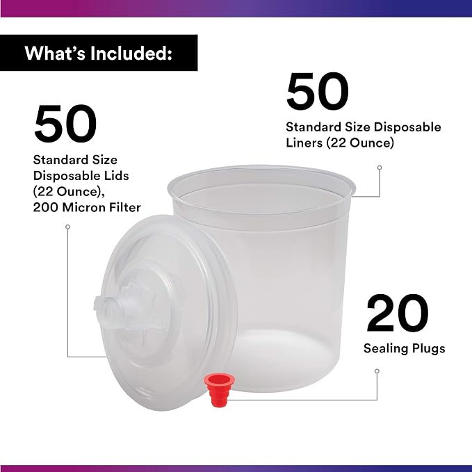 3M PPS (Original Series) Paint Spray Cup Lids and Liners Kit, 16000, Standard, 22 oz, 200-micron Filter, Use w/Paint Gun for Cars, Furniture, Home, 50 Disposable Lids and Liners, 20 Sealing Plugs,