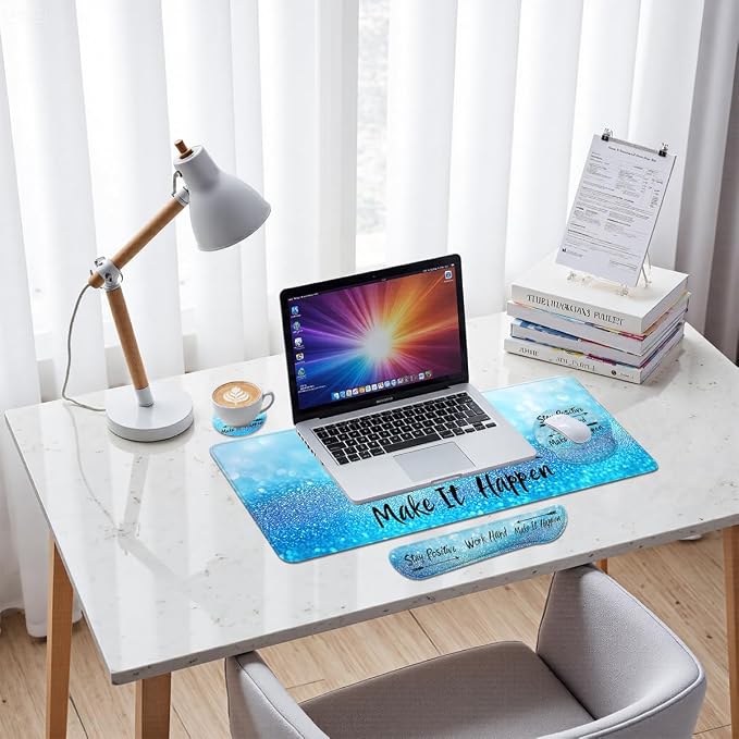 Motivational Quote Mouse Pad Set Stay Positive Work Hard Blue Gaming Mousepad 4in1 Desk Mat for Desktop Anti-Slip XXL Big Computer Ergonomic Mousepad with Wrist Support for Keyboard and Mouse