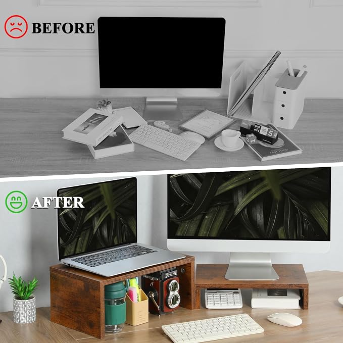 TEAMIX 2-Pack Monitor & Laptop Stand Riser, Wood High-Low Dual Monitor Set | Stacked/Separate Use, Adjustable Computer Stand for 2 Monitors, Holds 80Lbs, Rustic Desk Organizer for Home Office, Gaming