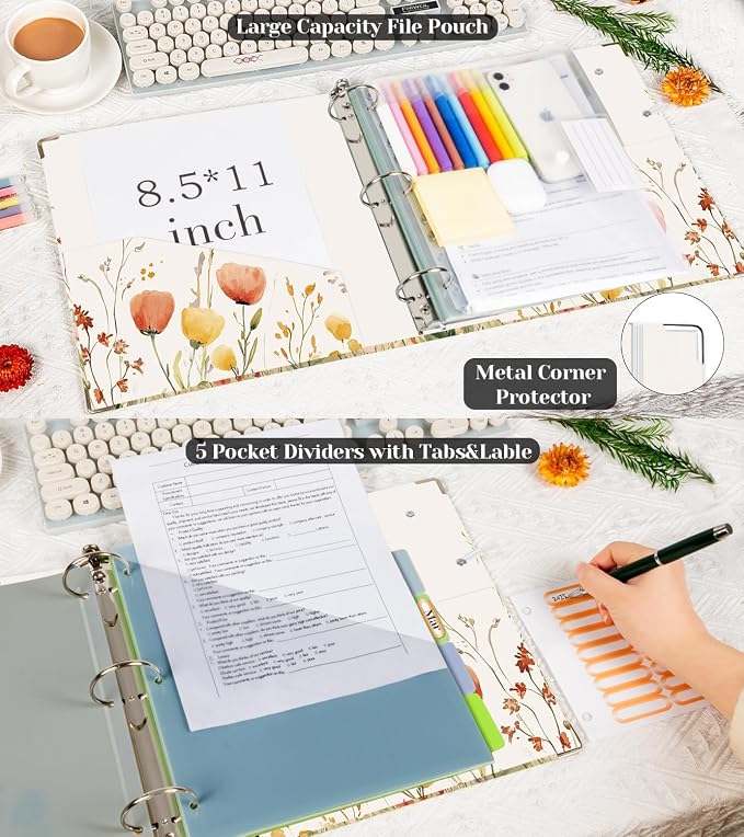 3 Ring Binder 2 Inch for 8.5"x11" Paper, Three Ring Binders with Clipboard, 5 Dividers with Tabs and Pockets, Decorative Binder with Pen Holder,Weed
