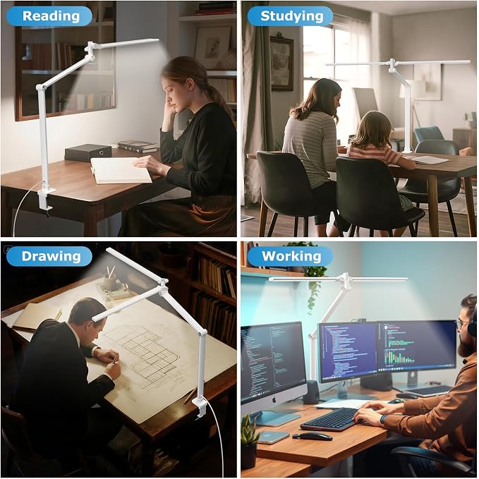 Airlonv LED Desk Lamp, Double Swing Arm Wide Lighting Area Desk Lamps for Home Office with Stepless Dimming, Eye-Caring Architect Desk Light with Clamp for Reading, Study, Workbench, Drafting(White)