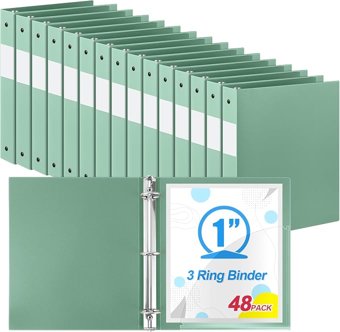 Henoyso 48 Pack 1 Inch 3 Ring Plastic Binders, Bulk Flexible PP Binders for Classroom & School Supplies, Letter Size 8.5 x 11, Holds 240 Sheets with Interior Pocket (Sage Green)
