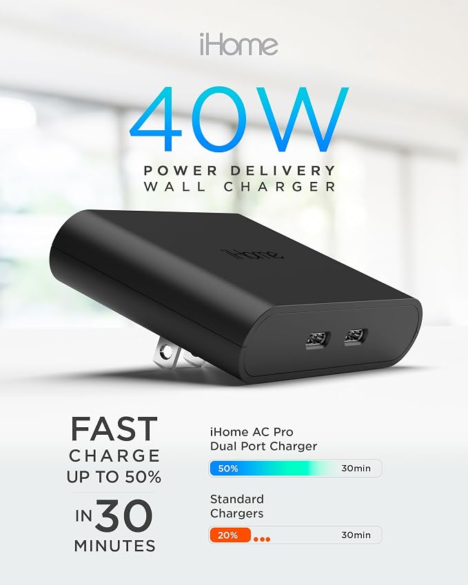 iHome Multiport 40W USB-C Charger, AC Pro 2-Port Flat Block, Dual Fast Charging Wall Adapter | Foldable Prongs, Fast Charging, 2.5x Faster, Charges iPhone, Android, iPad, AirPods, 2 USB-C Ports, Multiport Plug for Home