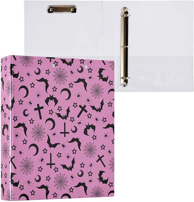 3 Ring Binder Bats Crosses Stars Gothic 1.5 Inch Three Ring Binder | Cute Binder with 3 Storage Pockets for Women School Office Supplies