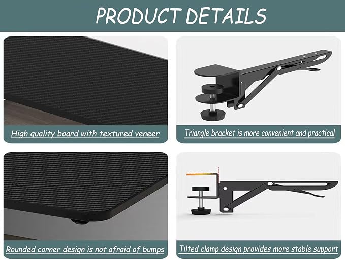 Desktop Extender, 20 "x 9" Clip on Foldable Keyboard Tray, Small Table Edge Extender Tray, Floating Table Hanging Computer Desk, Suitable for Desktop Extension of Sitting Upright Office Desk (Black)