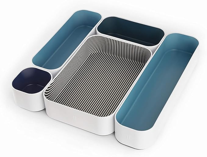 Three by Three Seattle Metal Drawer Organizer Tray Set, 5-Pc, 2" (Assorted) | Deep 2" food-safe metal bins; soft non-scratch base; perfect for kitchen utensils, tools & bulkier drawer items
