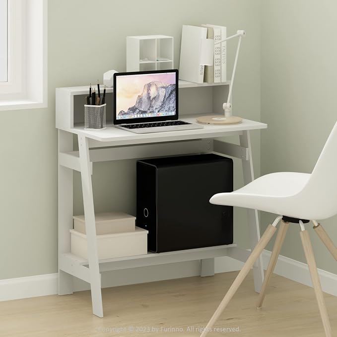 Furinno Simplistic A Frame Computer Desk, Regular, White | with Monitor Stand, A Frame Computer Desk, Office Desk, for Home Office, Bedroom, Study Room, Dorm