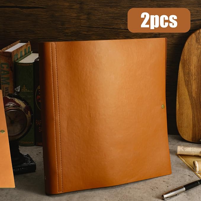 Teling 2 Pcs Leather 3 Ring Binder Holds 8.5 x 11 Inch Paper Binder Organizer Vintage Faux Leather Portfolio Folder Planner for Office Home Document Photo Diary Supplies (Antique Brown)