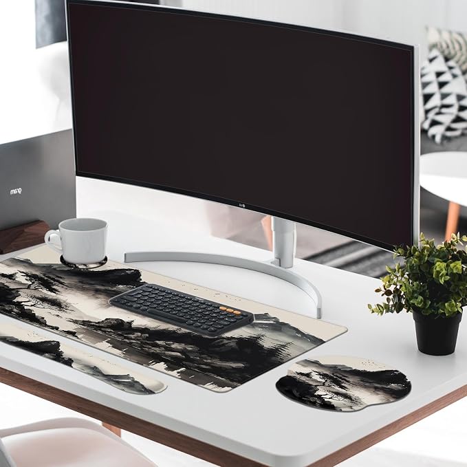 Keyboard Mouse Pad Set, 4 in 1 Desk Mat Set, Black Ink | Landscape Mountain Art Large Mousepad+Keyboard Wrist Rest+Mouse Wrist Rest+Coaster Ergonomic Design for Home Office Computer