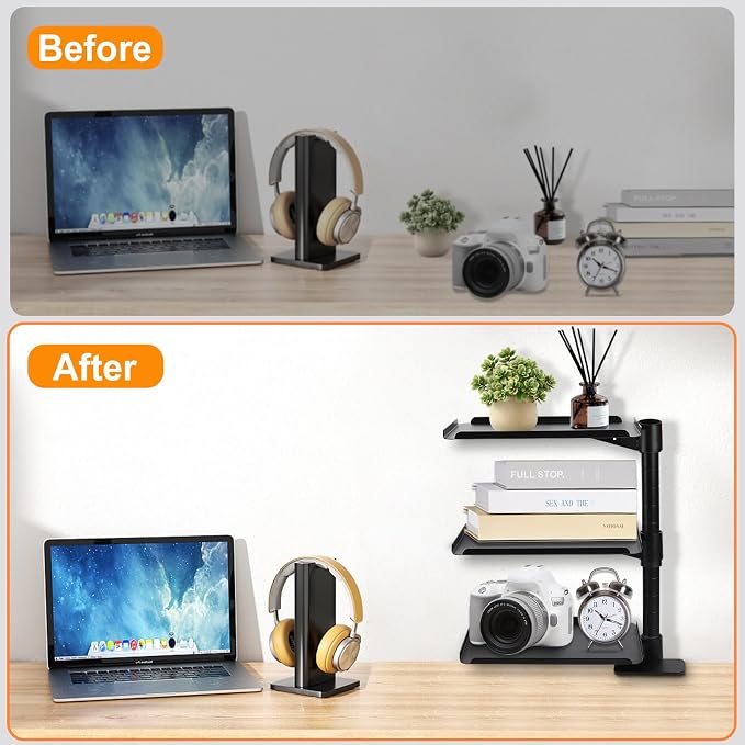 3 Tier Clamp On Desk Shelf,360° Rotatable Adjustable Above or Under Desktop Organizer,Carbon Steel Storage Tray for Home Office and Gaming Accessories（Black）